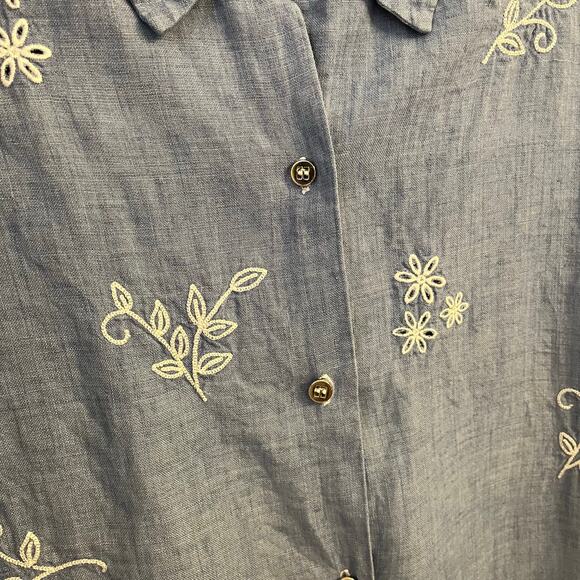 VTG Josephine Chaus 100% Linen Embroidery Button Up Shirt L Blue Coastal Grandma - Picture 5 of 13